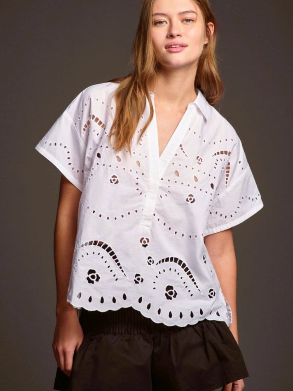 Anthropologie Boxy Eyelet Popover Blouse XL